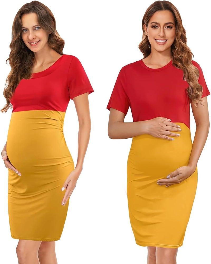 HTPARY Yellow Bear Maternity Dress Maternity Shirt Short Sleeve Pregnancy Dress with Tote Bag Red Balloon for Women - Image 4